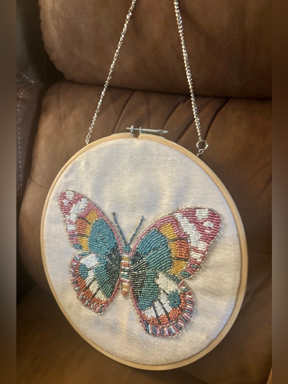Handmade Beaded Butterfly Hoop Wall Art - Multicolor